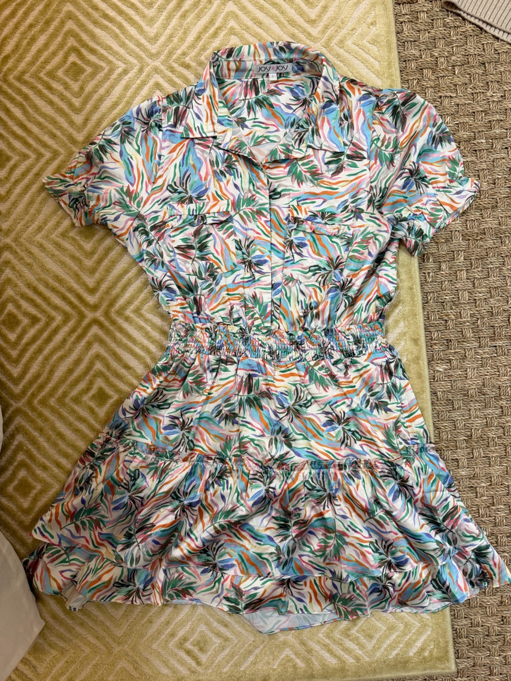 Joy Joy Multicolor Floral Short Sleeve Dress - Green Blue Pink Orange